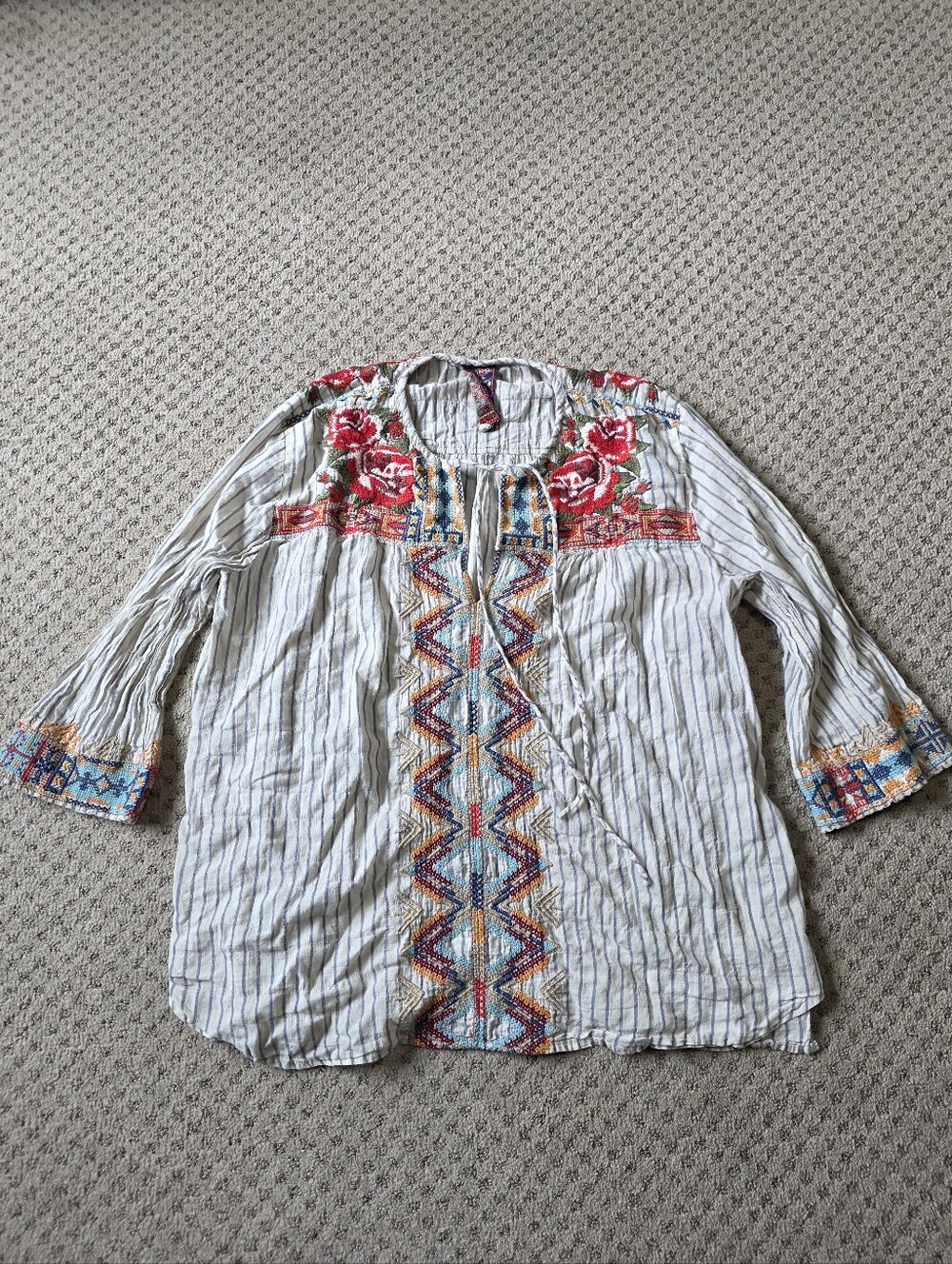 Johnny Was Multi-Color Embroidered Blouse with Stripes